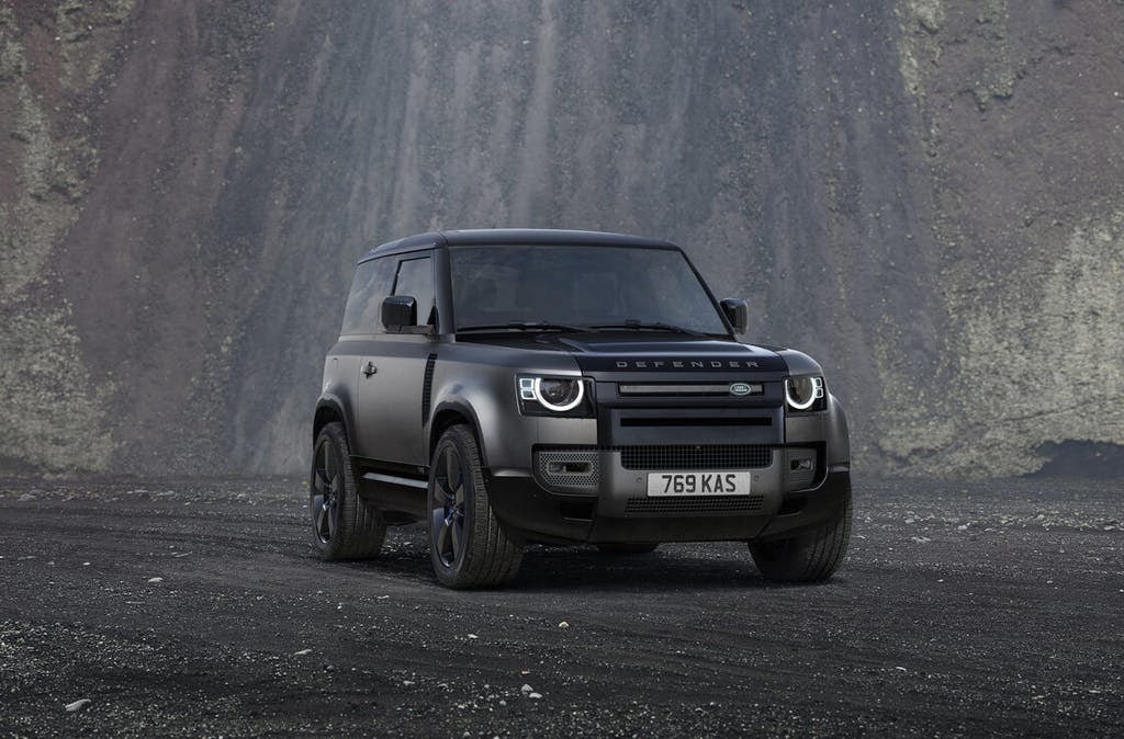 Land Rover Defender 110 V8 Carpathian Edition in black on a dirt road