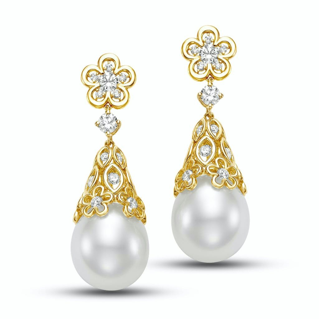 Pearl drop earrings with gold floral motifs flashing with white round diamonds by Mastoloni