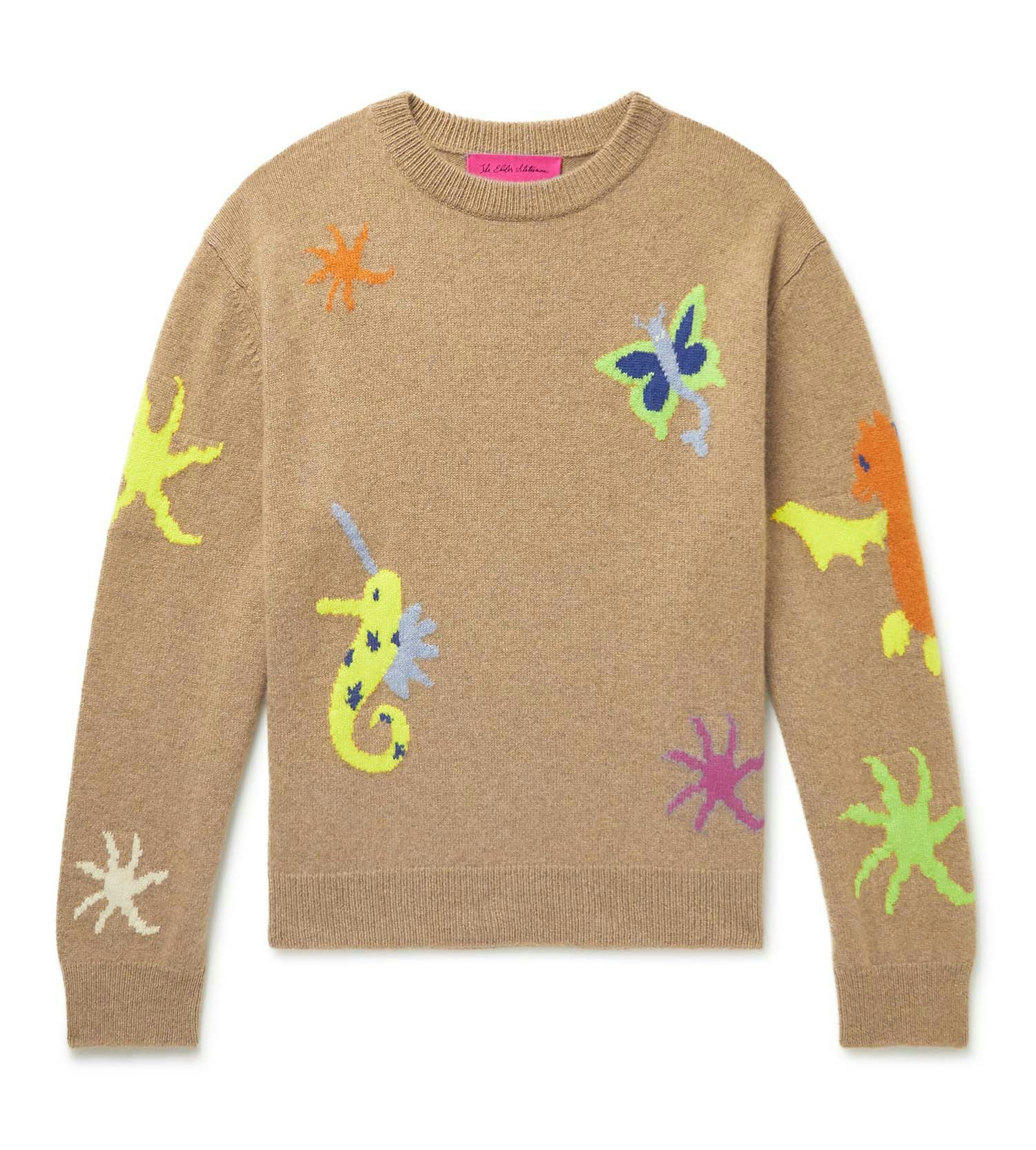 beige Printed sweater with nautical patches all over it in various bright colors