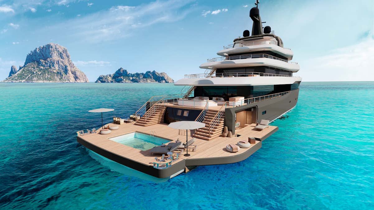 Wider Yachts brand new superyacht image of the beach club area with a water-level pool and amenities somewhere tropical