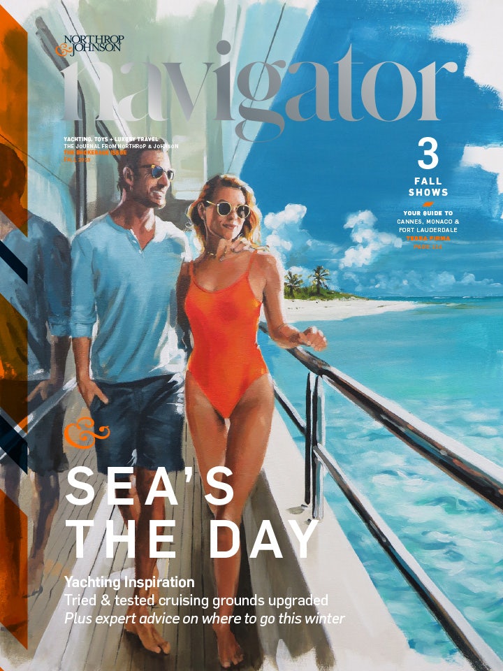Cover of the fall 2023 Navigator magazine featuring watercolor painting of a couple on board a yacht cruising the Bahamas
