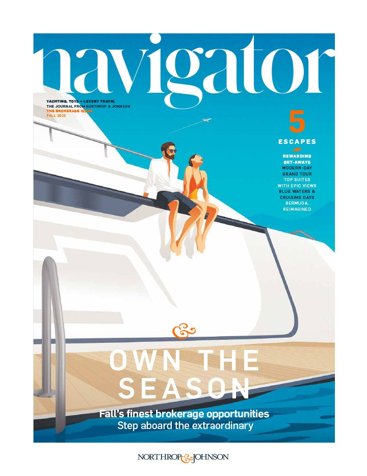 NAV_FAL25_Cover Cover of the 2025 Fall issue of Navigator magazine featuring an artisi illustration of a couple sitting on the edge of the aft deck.