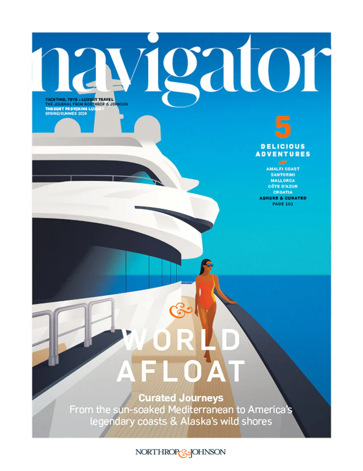 Cover of Navigator Magazine with an illustration of a woman walking on the exterior deck of a yacht for sale