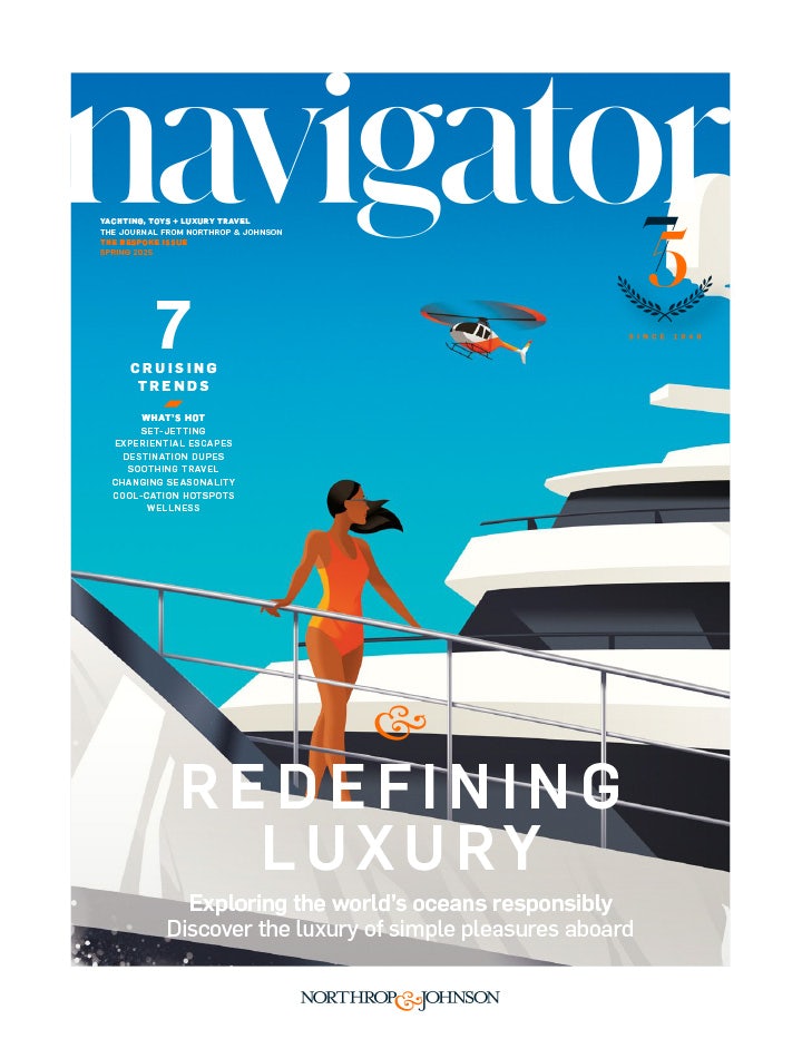 Magazine cover page featuring a modern and simplistic illustration of a woman standing by the railing of a white superyacht, wearing an orange one-piece bathing suit with a helicopter flying in the background