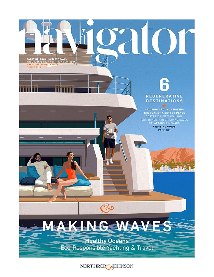 Cover of Spring 2024 issue of Navigator featuring pop art painting with couple lounging at the swim platform of a superyacht