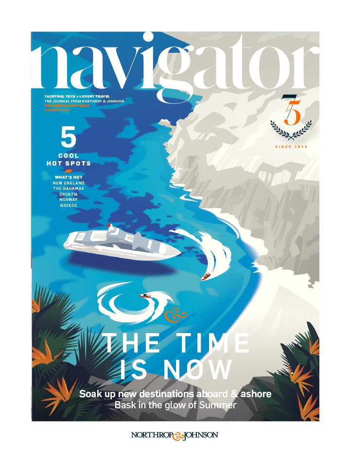 Cover of Navigator Magazine featuring an illustration of yacht anchored near the coast line with wave runners navigating around it