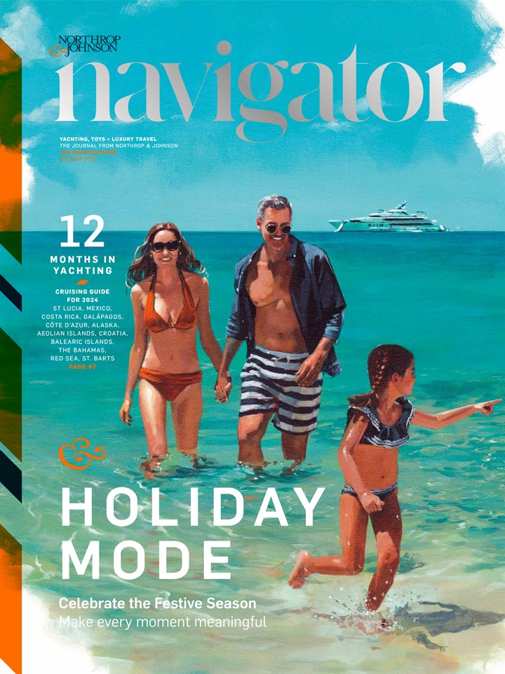 Water color painting of family walking on the shore of a Bahamas beach during yacht charter with yacht on the background