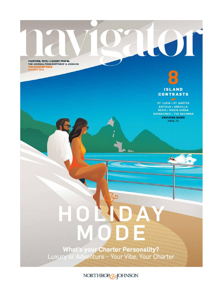 Cover of Navigator Magazine featuring an artist illustration depicting a couple sitting next to each other on the aft deck of a yacht.