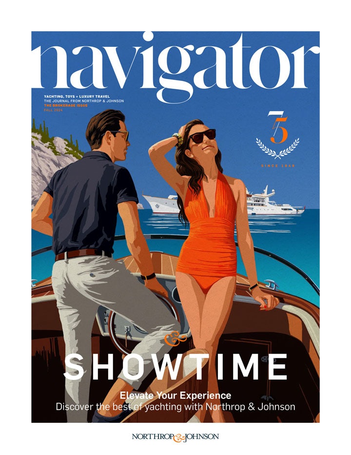 Cover artwork of Navigator magazine depicting a couple on a day boat approaching their charter yacht