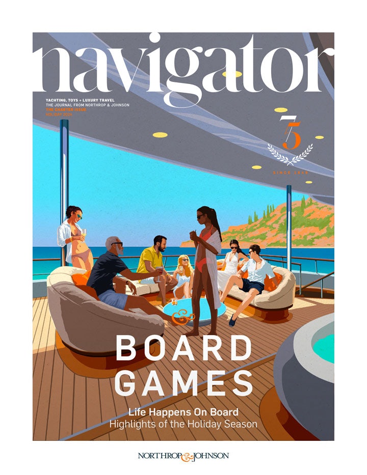 Cover of the 2024 holiday issue of Navigator magazine, featuring an illustration of a group of young people lounging around the deck of a yacht