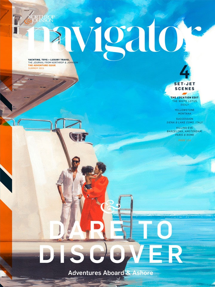 Cover of the summer 2023 issue of Navigator Magazine showing watercolor painting of couple and child standing on the swimming platform of a yacht
