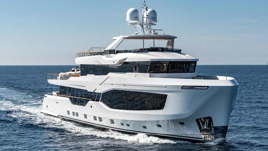 A captivating front view of the Numarine 37XP yacht, gracefully cruising through the deep blue sea—a scene of maritime elegance and adventure.