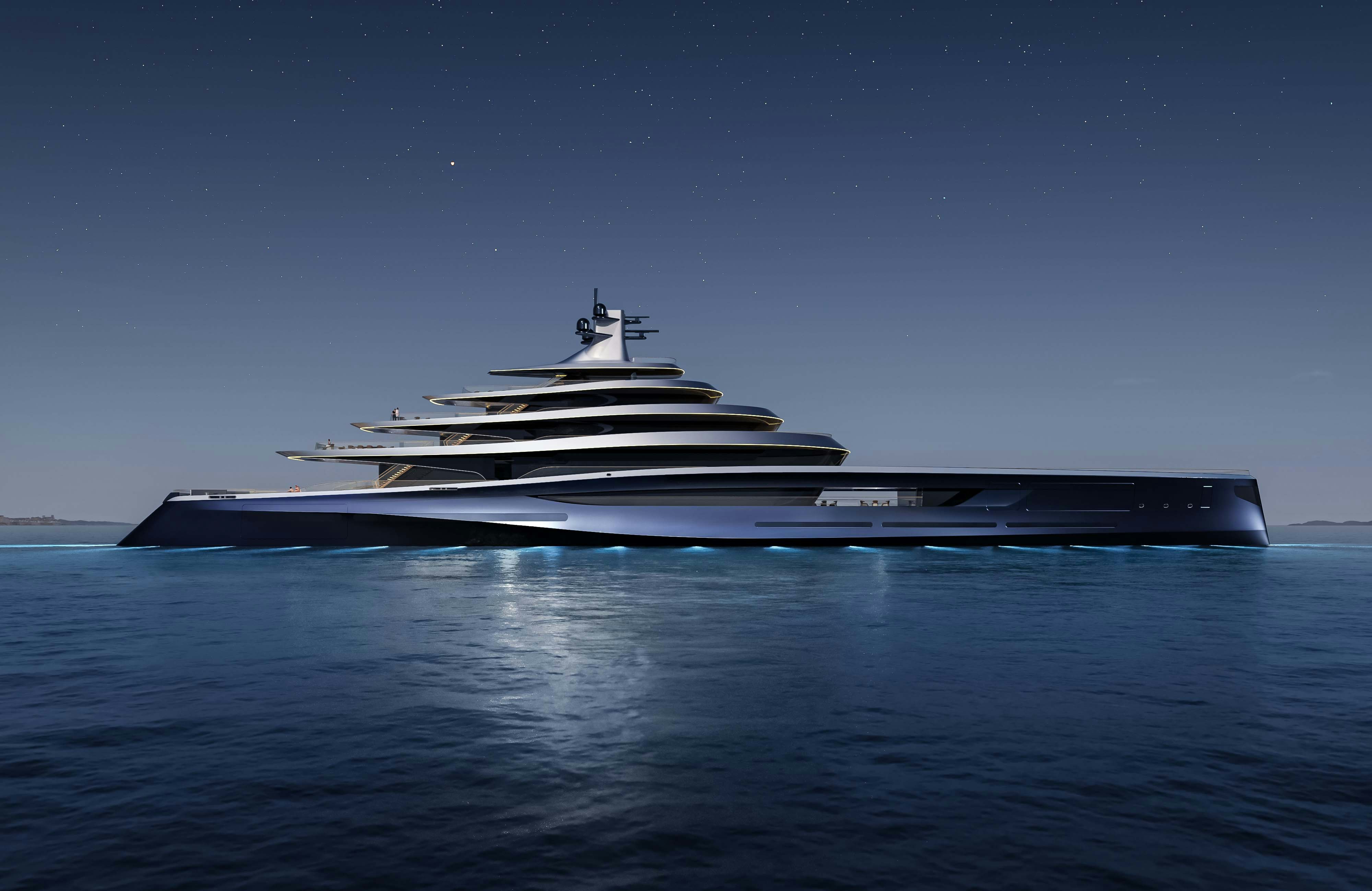 oceanco superyacht futuristic at nighttime with stars and multiple decks