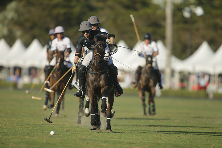 Palm Beach polo with multiple men playing the game on the field in front of white tents