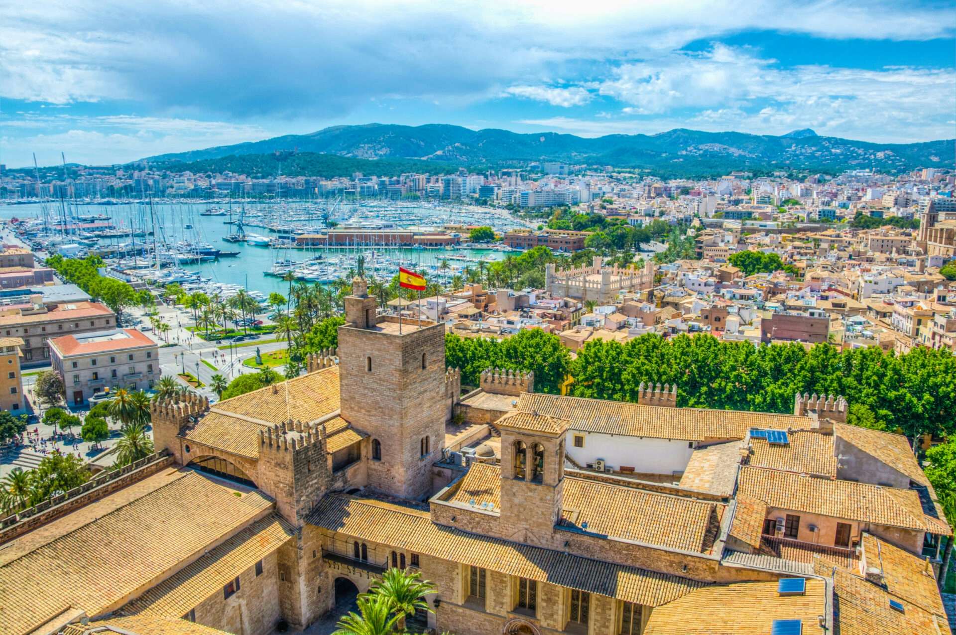 A panoramic aerial view of Palma de Mallorca, showcasing historical landmarks, modern residences, the bustling port, and the sun-kissed coastline on a beautiful day.