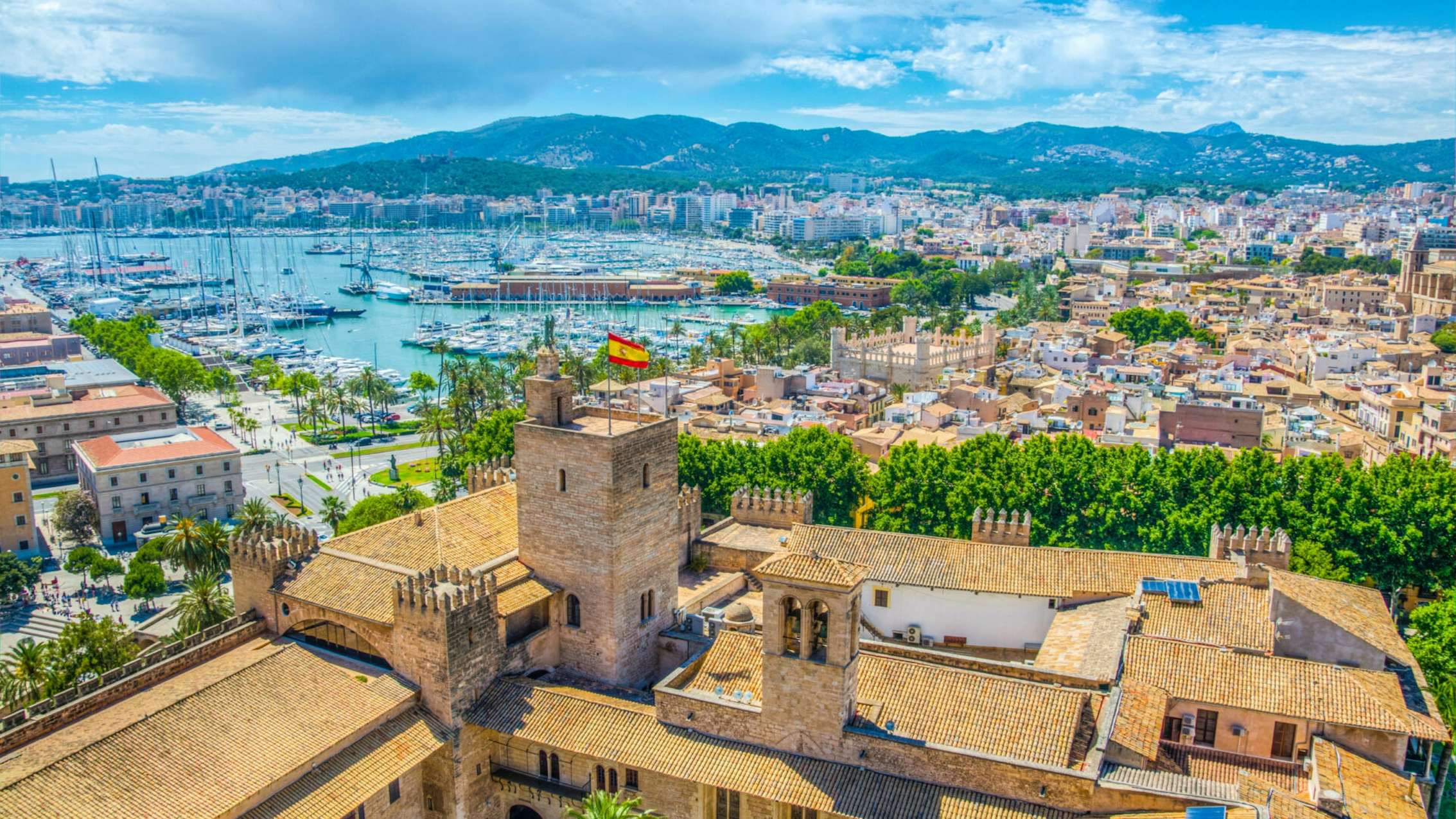 A panoramic aerial view of Palma de Mallorca, showcasing historical landmarks, modern residences, the bustling port, and the sun-kissed coastline on a beautiful day.