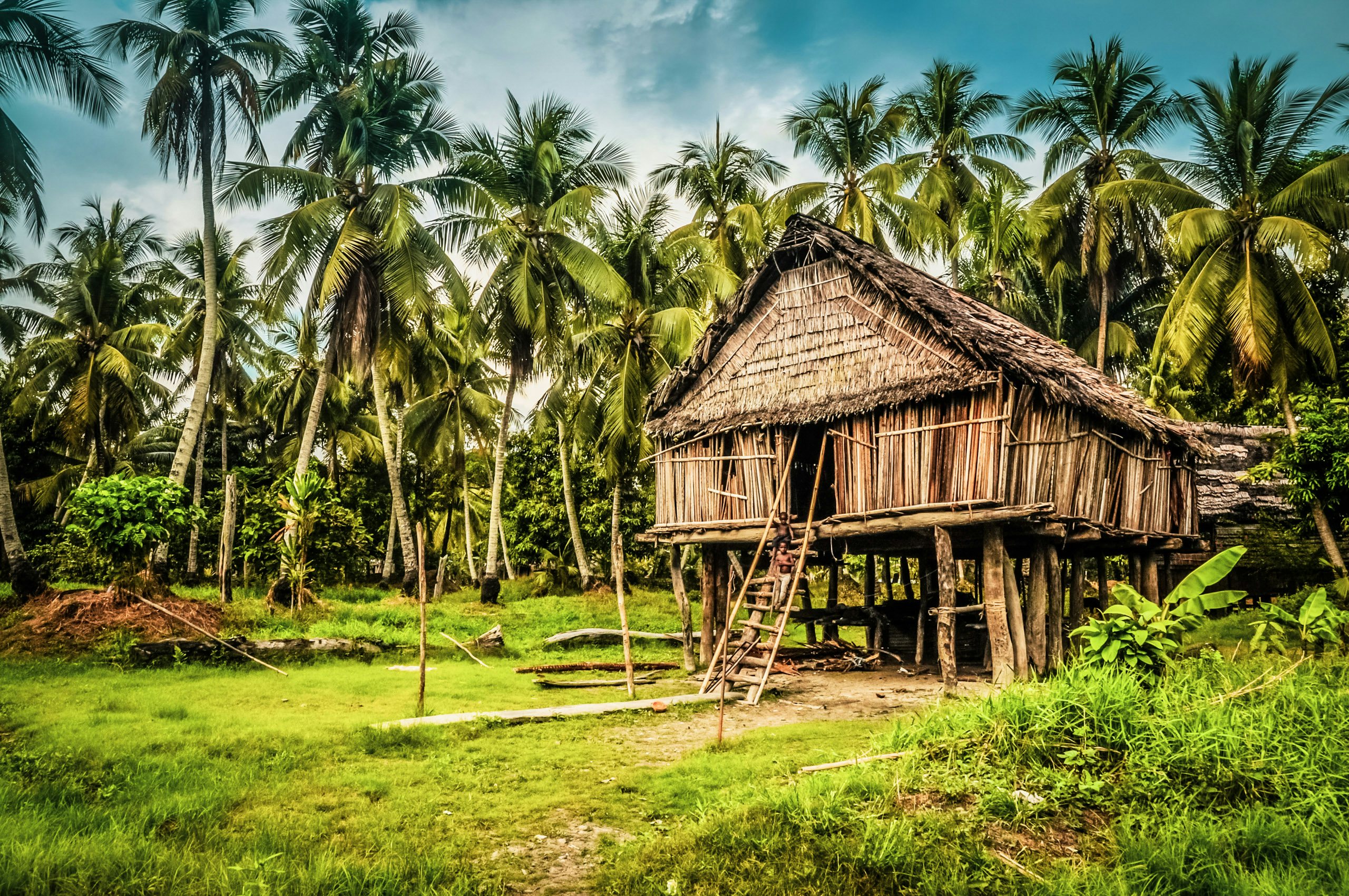 Papua New Guinea Charter Yacht - Photo of large house made of straw and bamboo in Palembe, Sepik river in Papua New Guinea. In this region, one can only meet people from isolated local tribes.