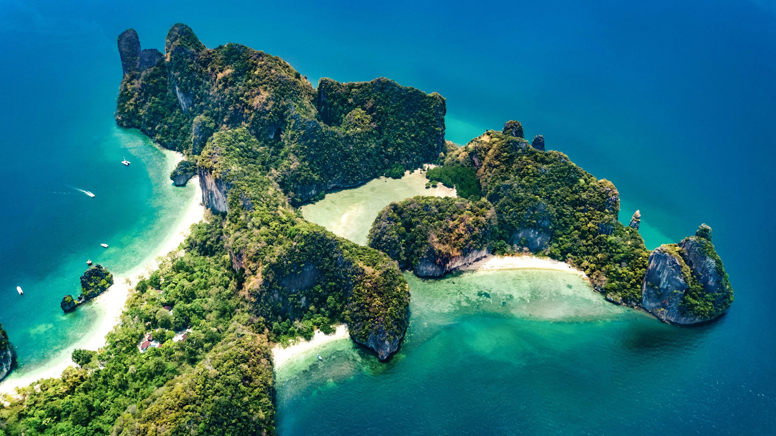 Thailand Charter Yacht - Aerial drone view of tropical Koh Hong island in blue clear Andaman sea water from above, beautiful archipelago islands and beaches of Krabi, Thailand