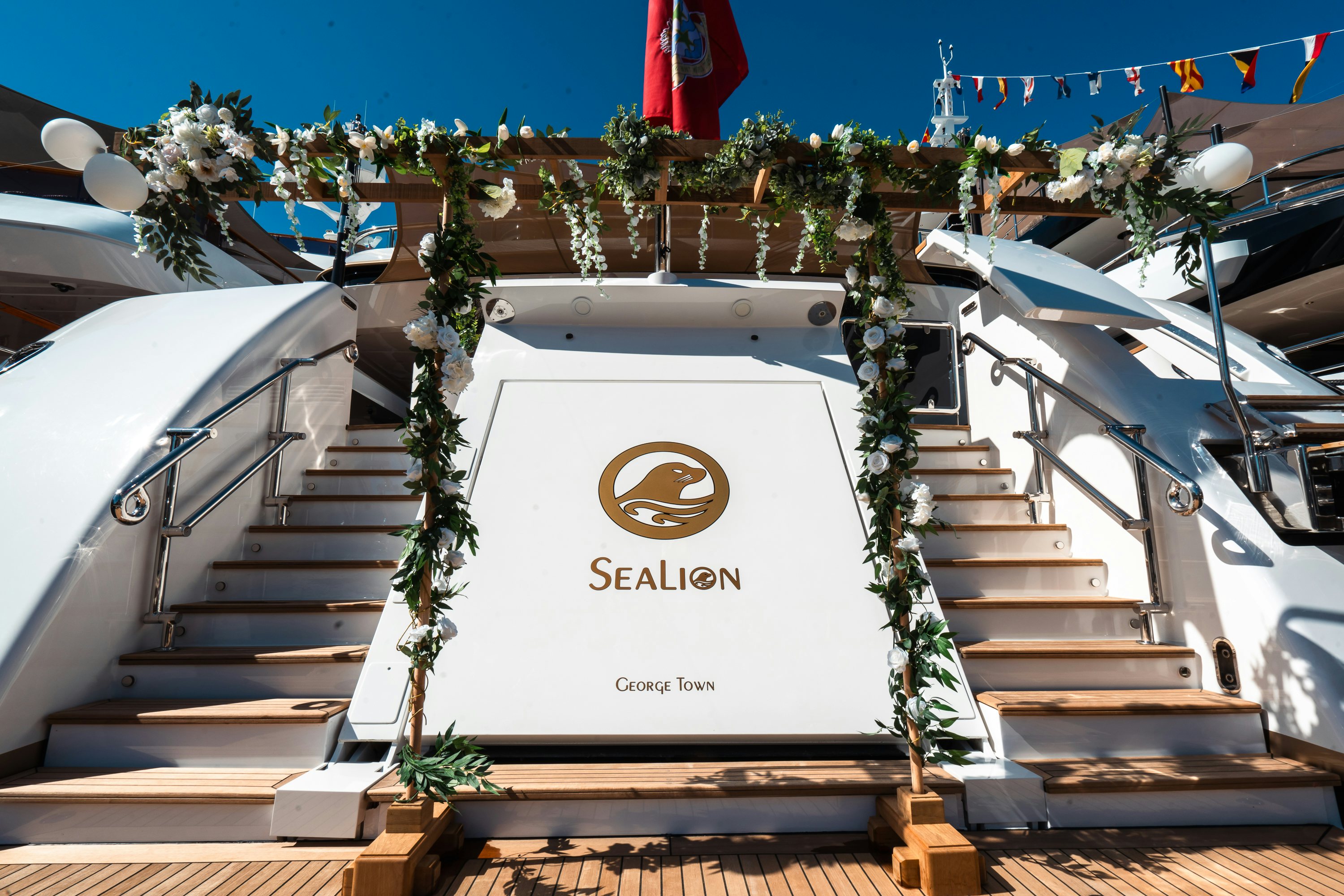 Motor yacht SEALION Antigua concours de chef decorated aft deck wedding style