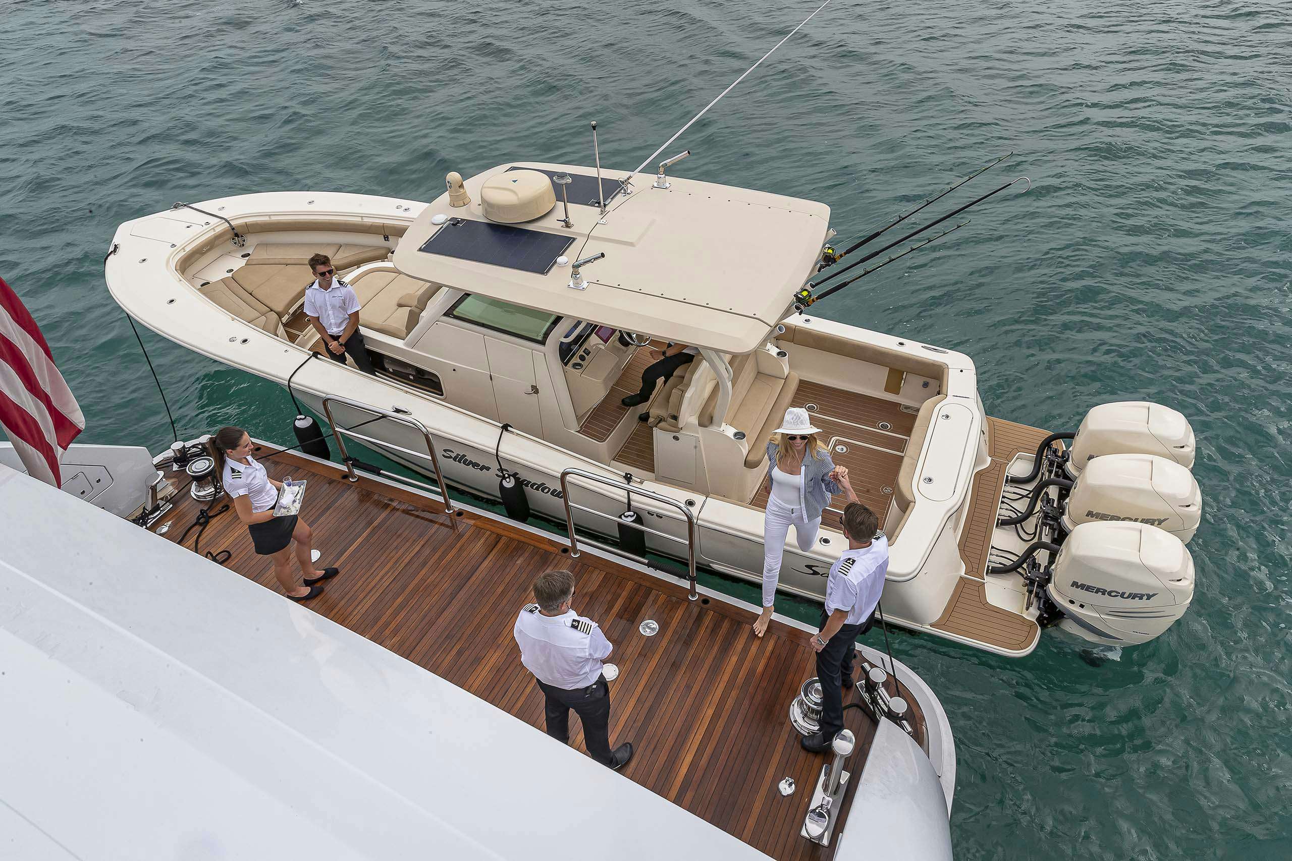 Center console with fishing gear attached to charter yacht SILVER LINING