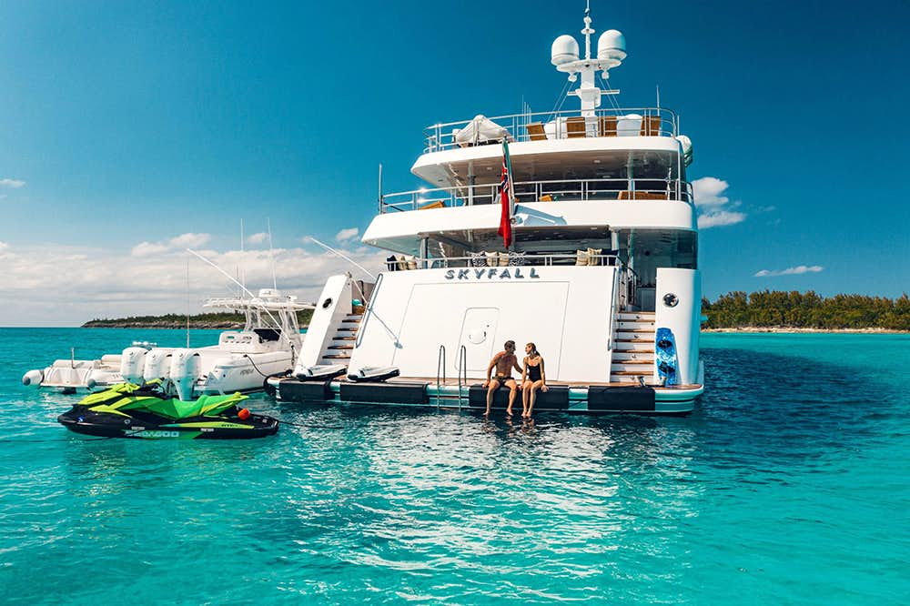 Rear profile of superyacht SKYFALL on the water