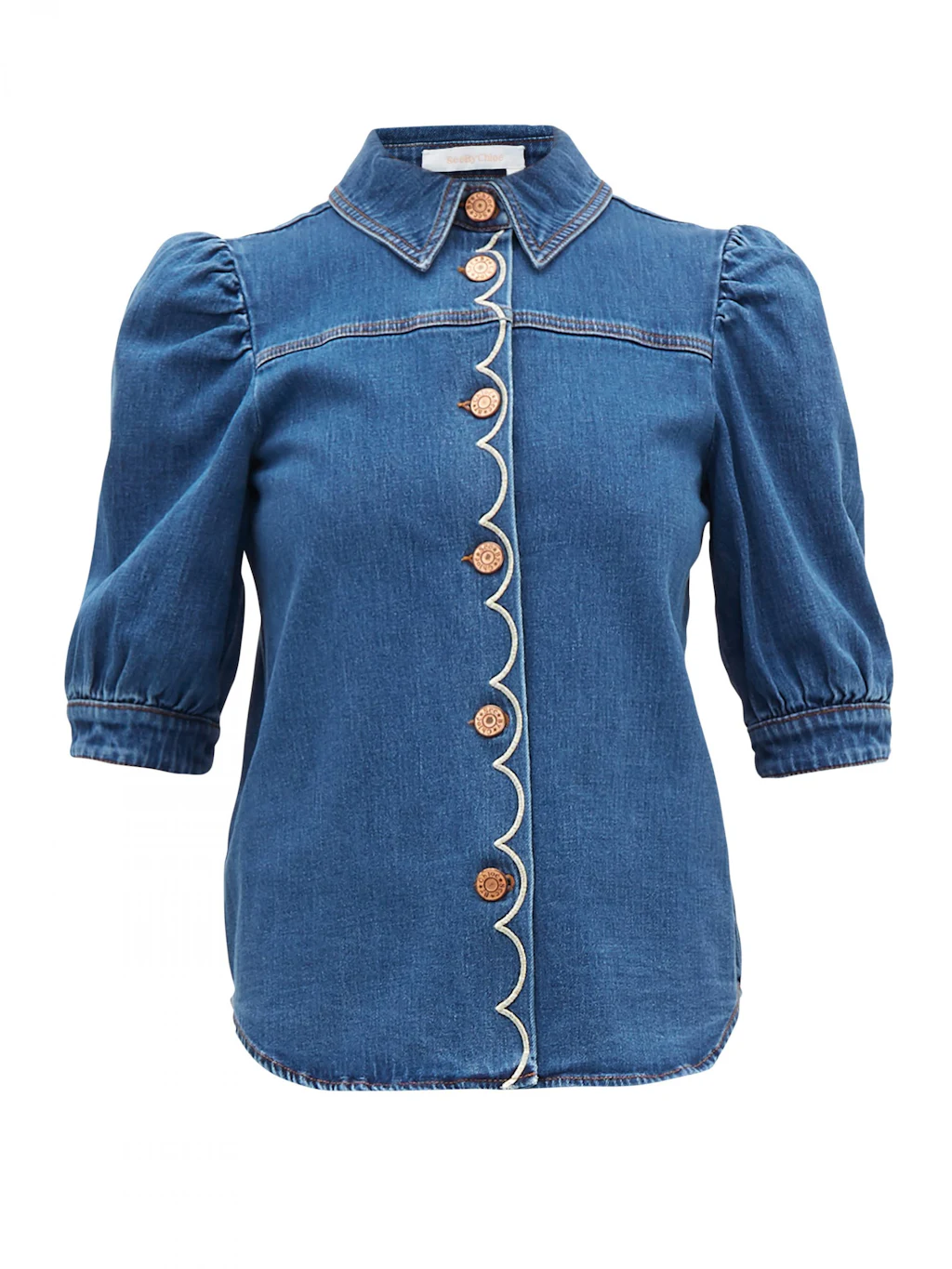 scalloped denim top
