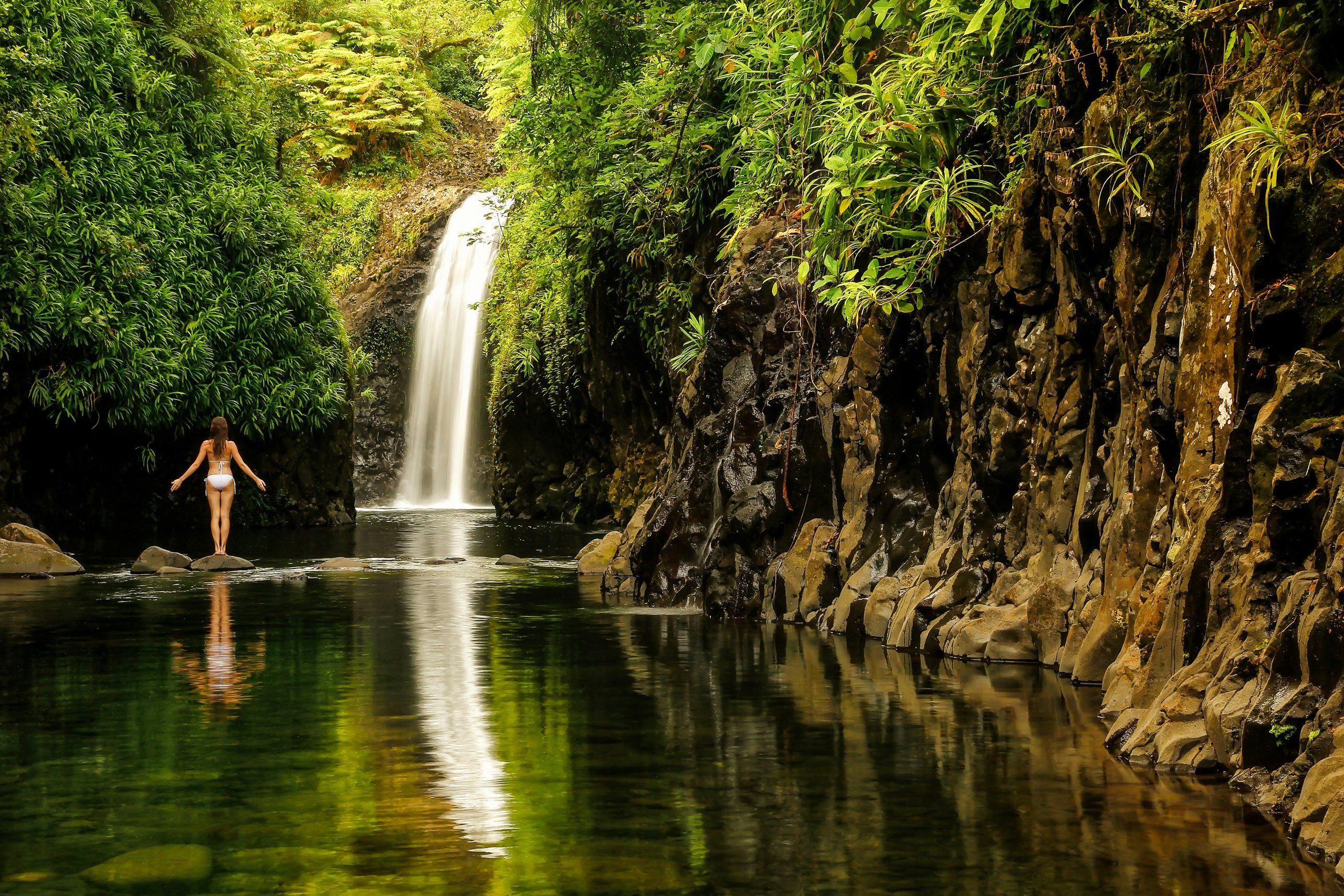 A person standing by a secluded waterfall in the lush Fijian jungle.