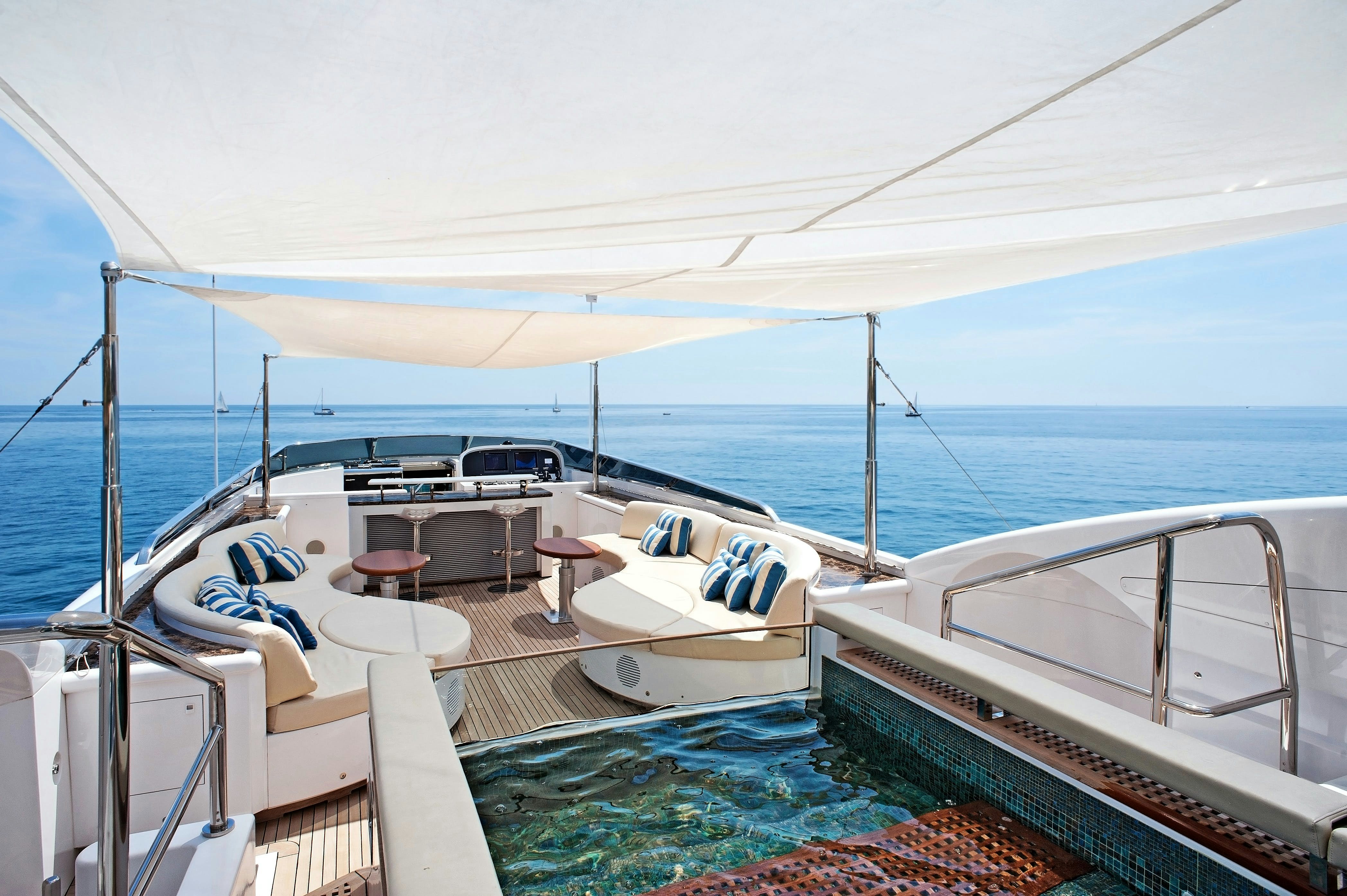 Alfresco lounge area of charter yacht TUTTO LE MARRANE on water.