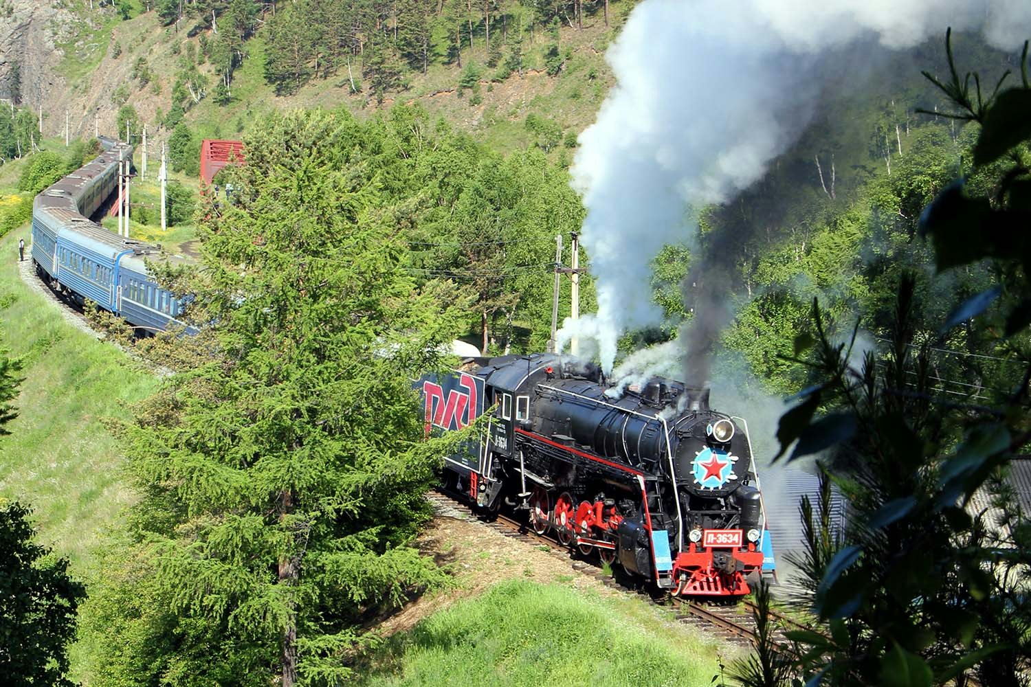 shot of the trans-siberian express with smoke