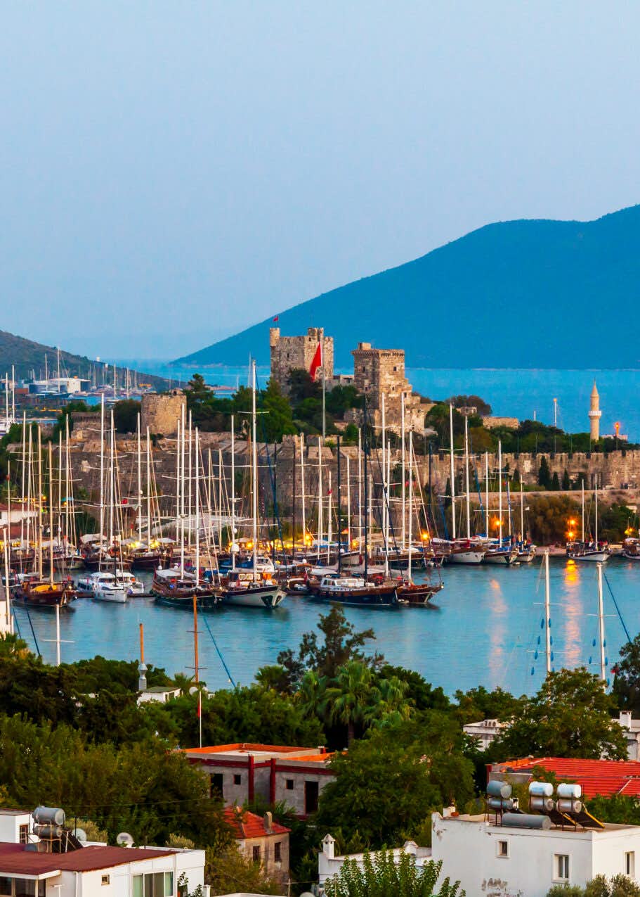 Tranquil evening view of Bodrum Marina filled with yachts, with the iconic Bodrum Castle in the backdrop, reflecting Turkey's ancient charm and modern luxury.