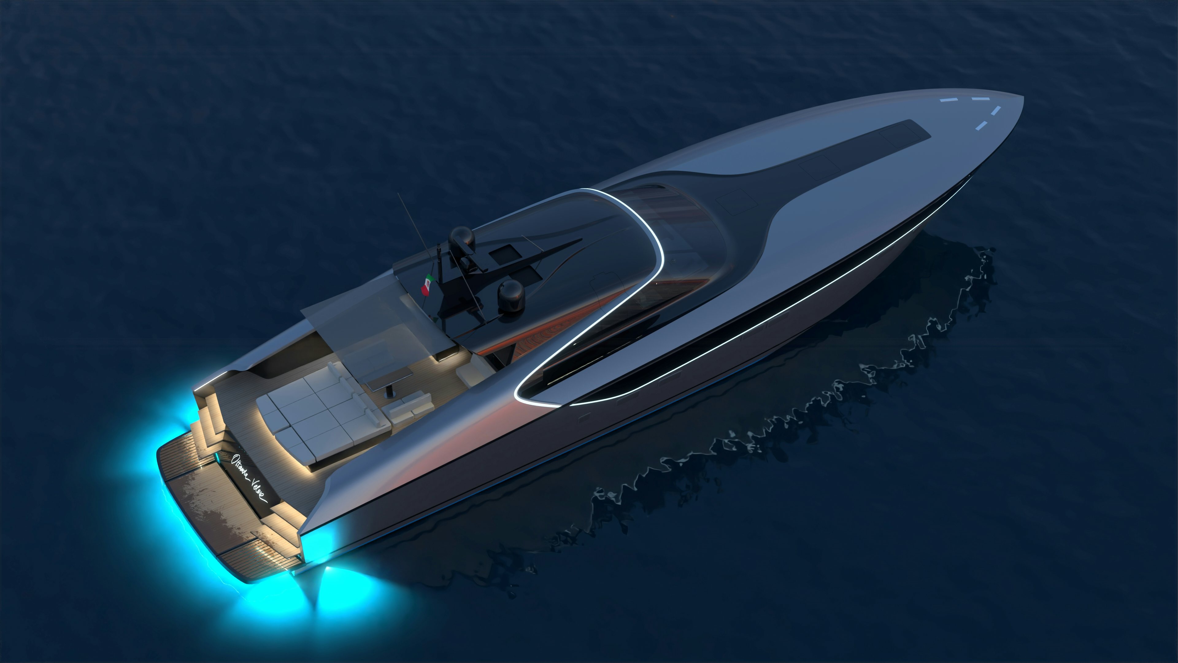 Veloce 80 yacht rendering at night with blue lights