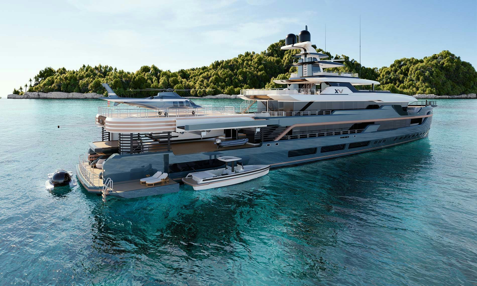 Winch designs futuristic superyacht in turquoise waters with a tender next to it