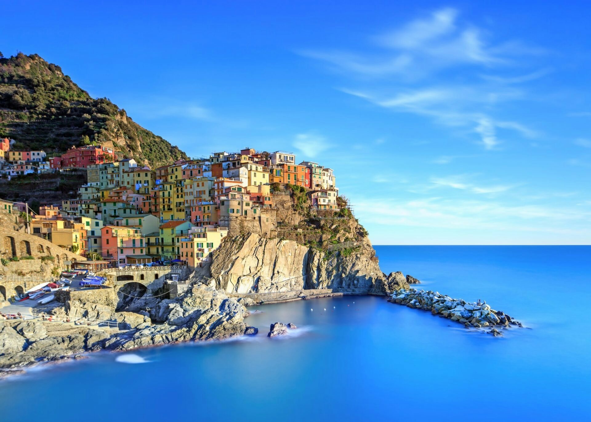 Scenic view of Cinque Terre and West Mediterranean luxury yacht yachter