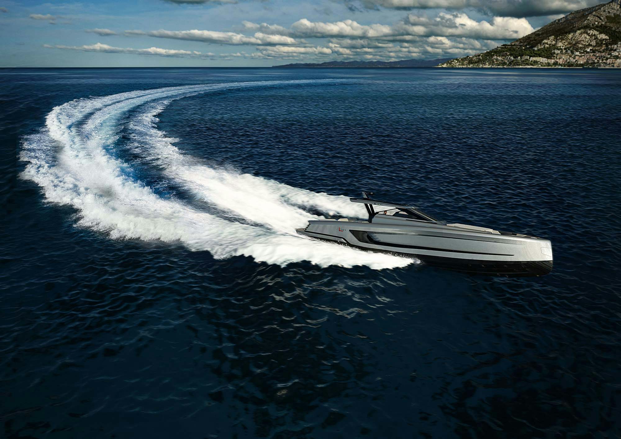 Wider yachts futuristic image of a high-speed boat moving across the ocean