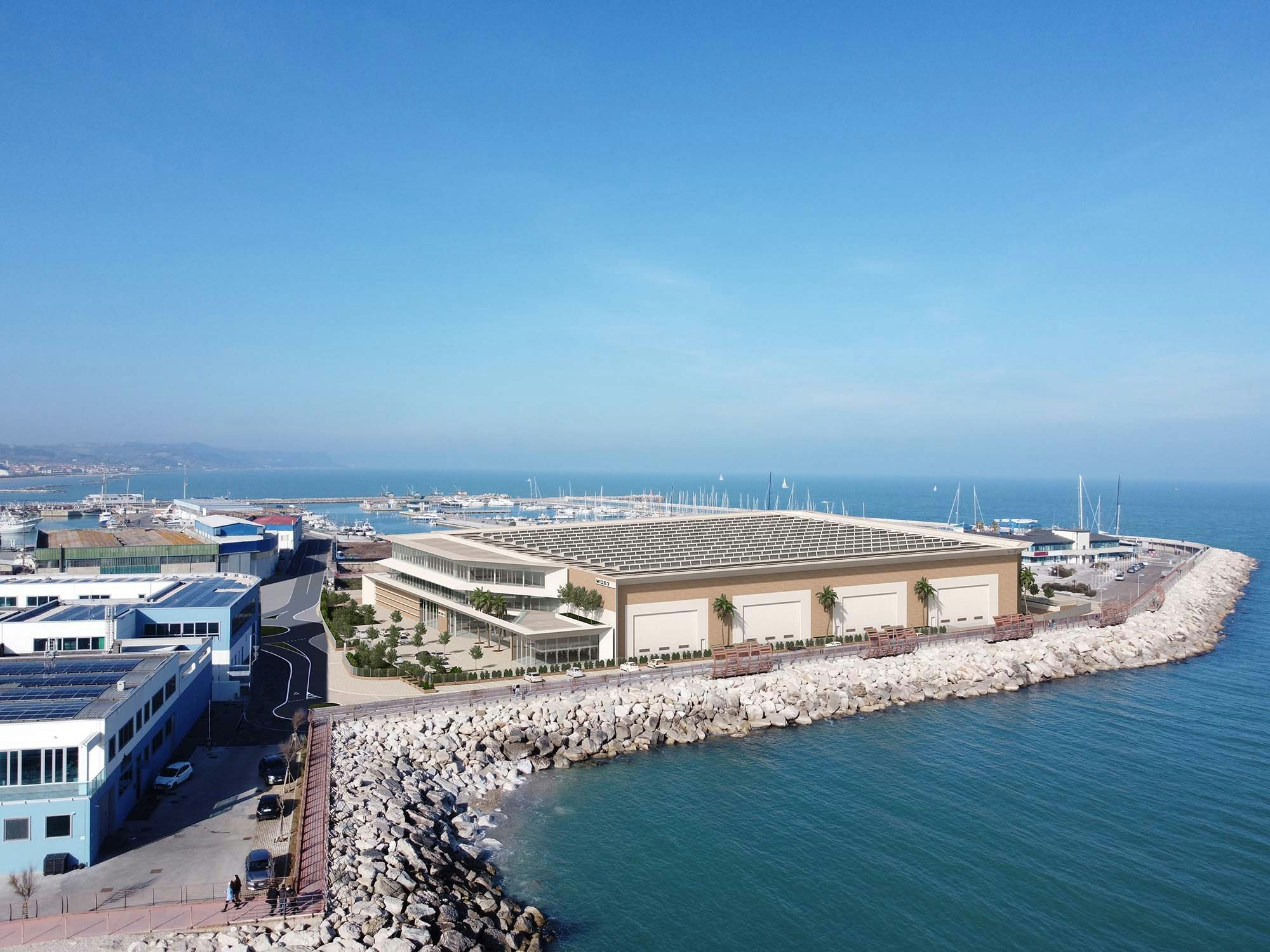Exterior aerial image of the Wider yachts facility somewhere by the water