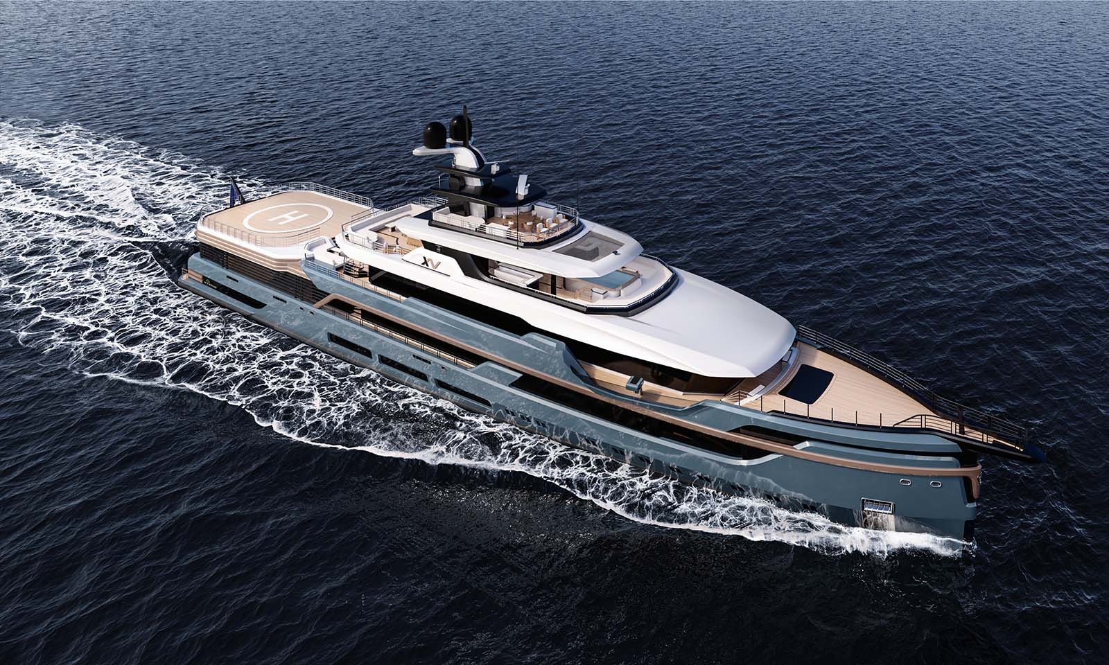 Winch designs futuristic yacht underway aerial image of the grey yacht