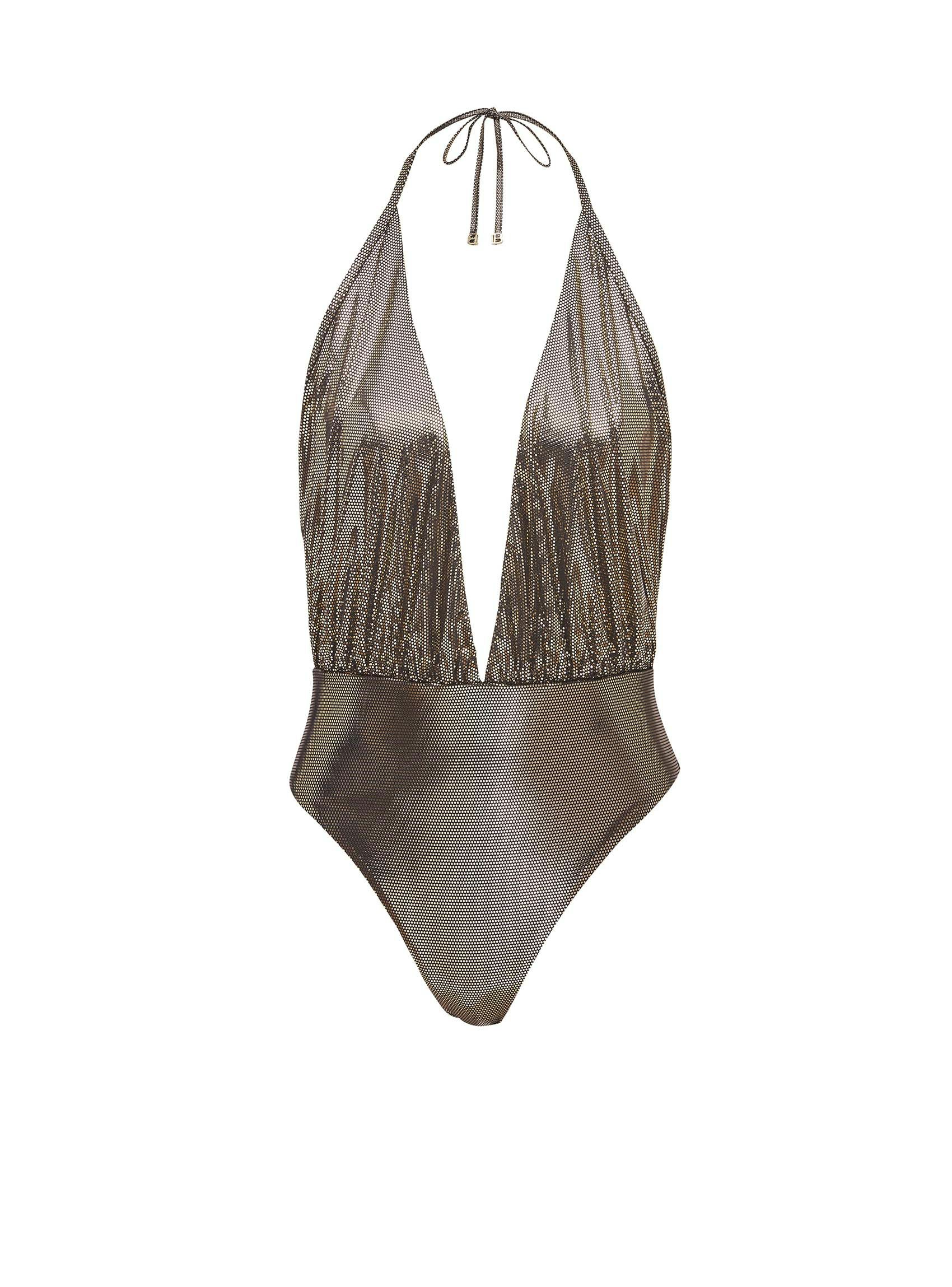 Womens one piece swimsuit silver metallic with low V neckline