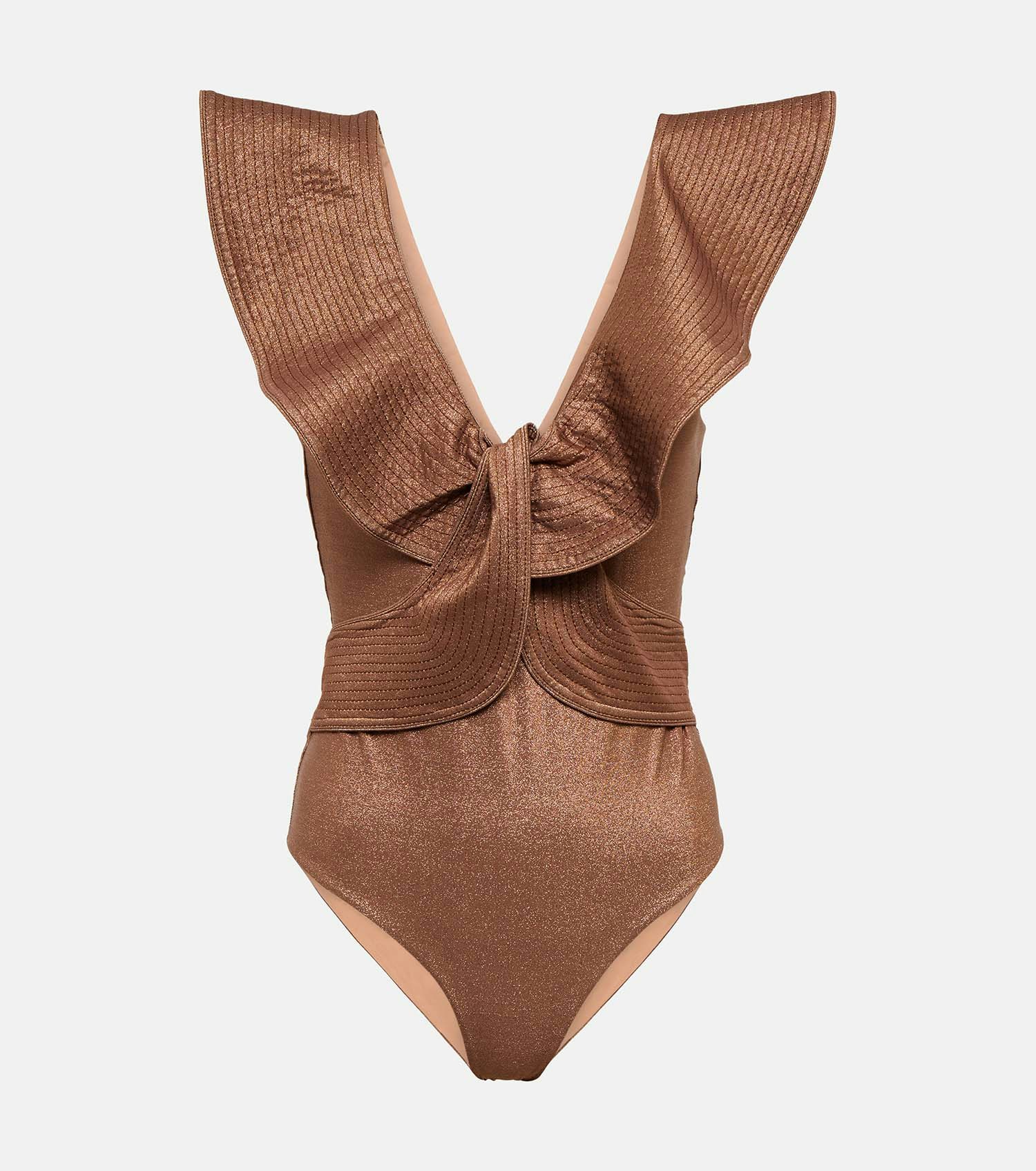 Womens swimsuit bronze with frilly sleeves in a metallic bronze color one piece