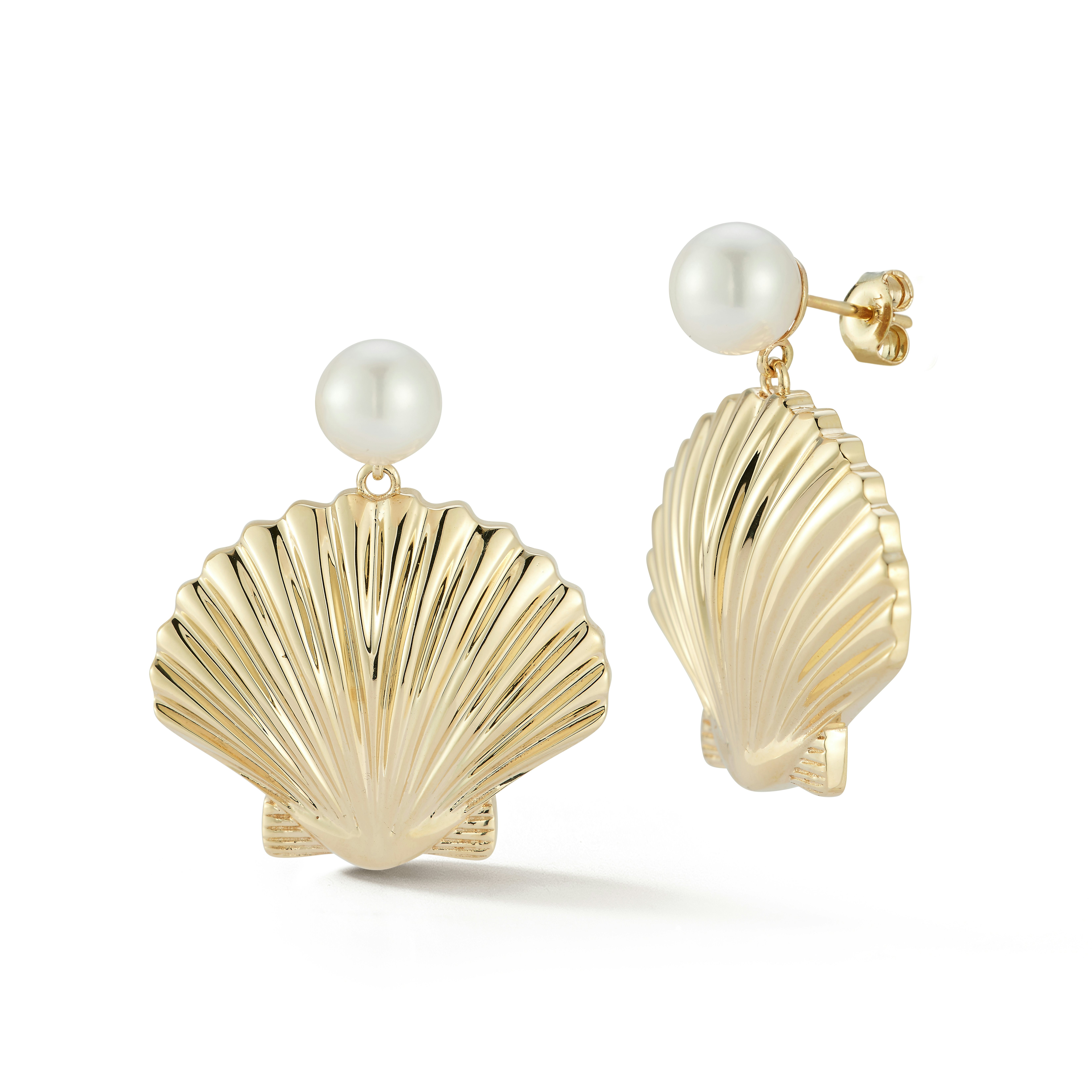 Gold and pearl seashell drop earrings