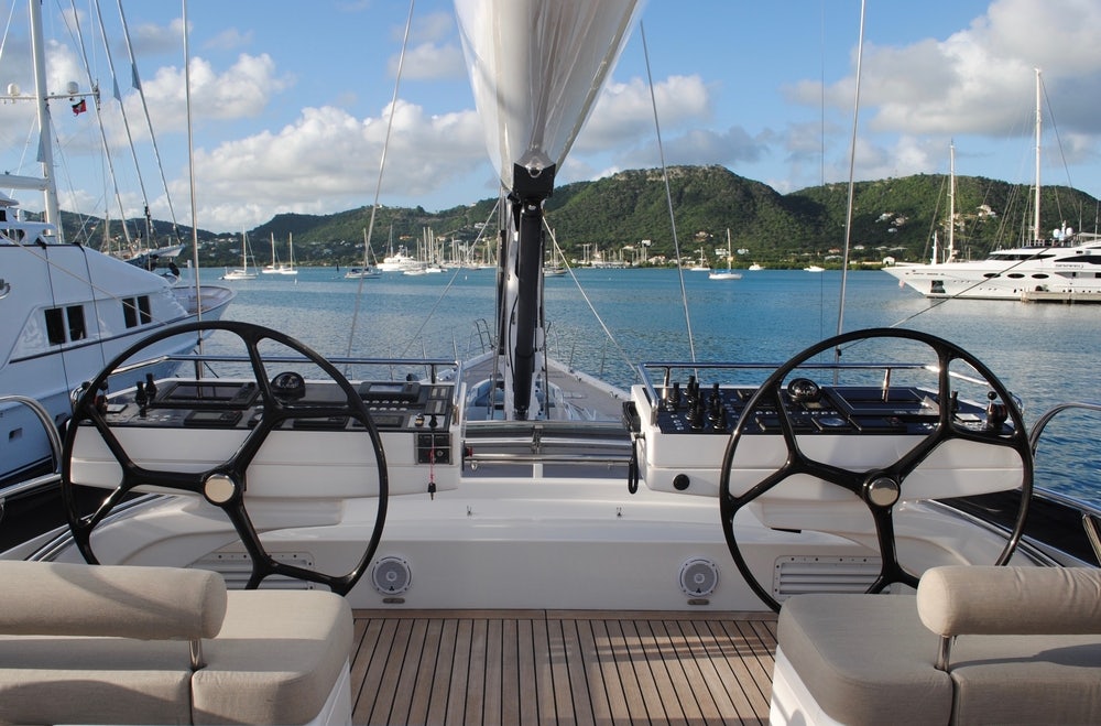 Sailing boat rudder with landscape | Antigua sailing week