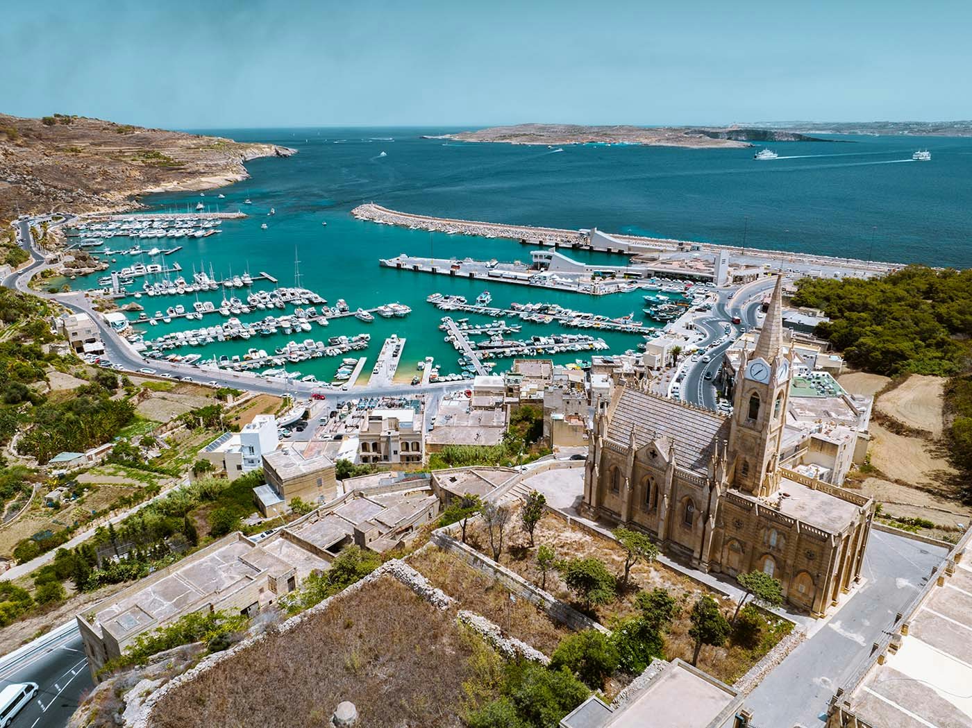 gozo harbor aerial view of the harbor and the yachts