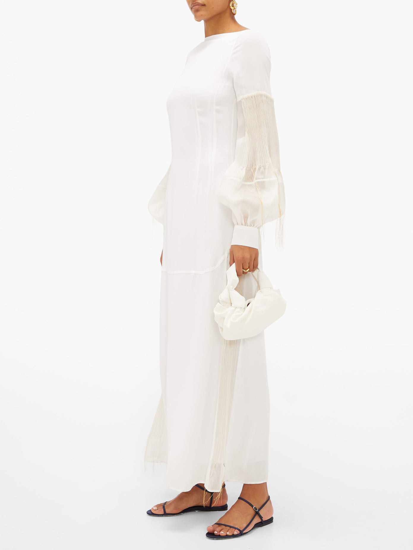 blue sandals and white dress