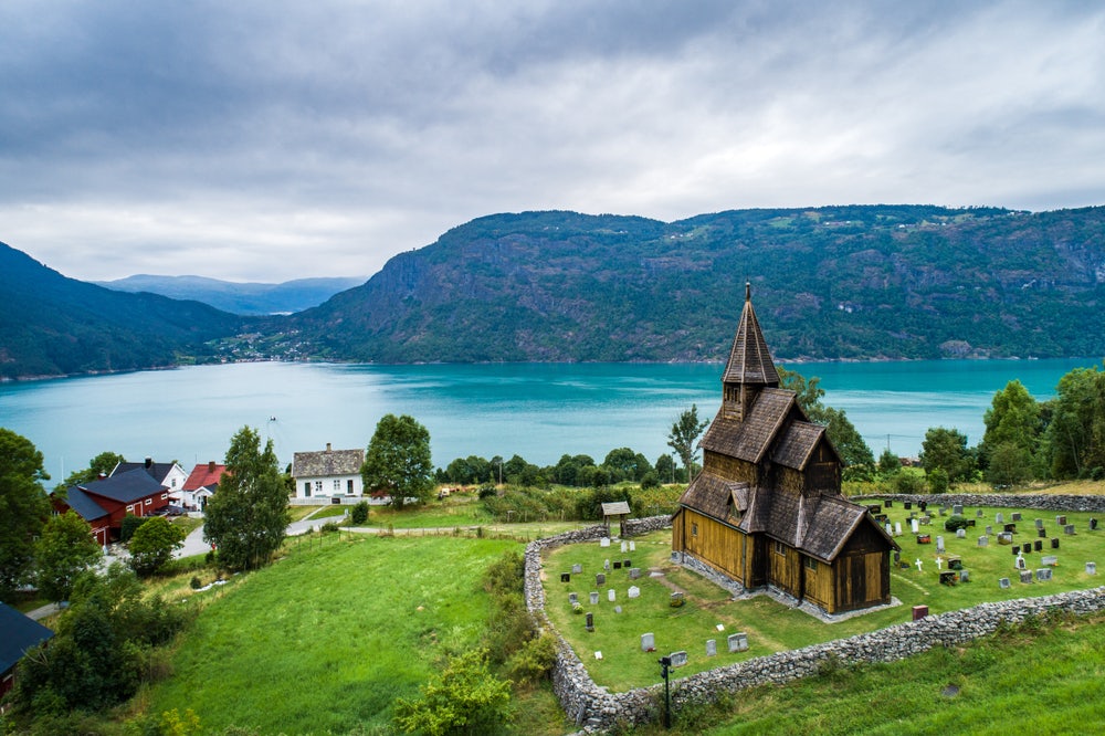 Urnes stave church on the hills