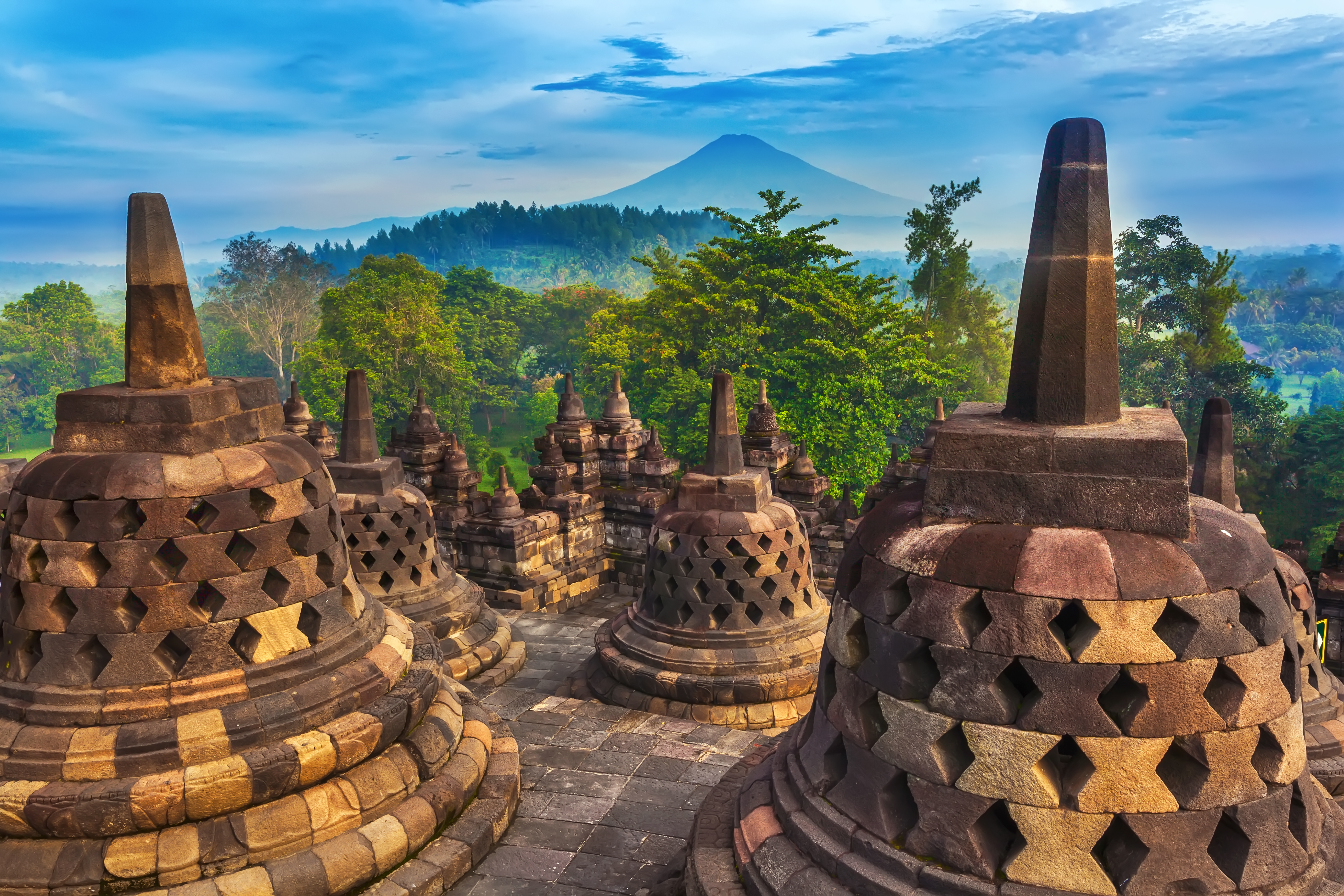 The image shows a collection of stupas, which are dome-shaped structures, likely part of an ancient temple complex. The stupas are made of stone and have intricate designs. In the background, there's a lush green landscape with trees and a mountain in the distance, suggesting a serene and historical setting. The sky is partly cloudy, adding depth to the scene.