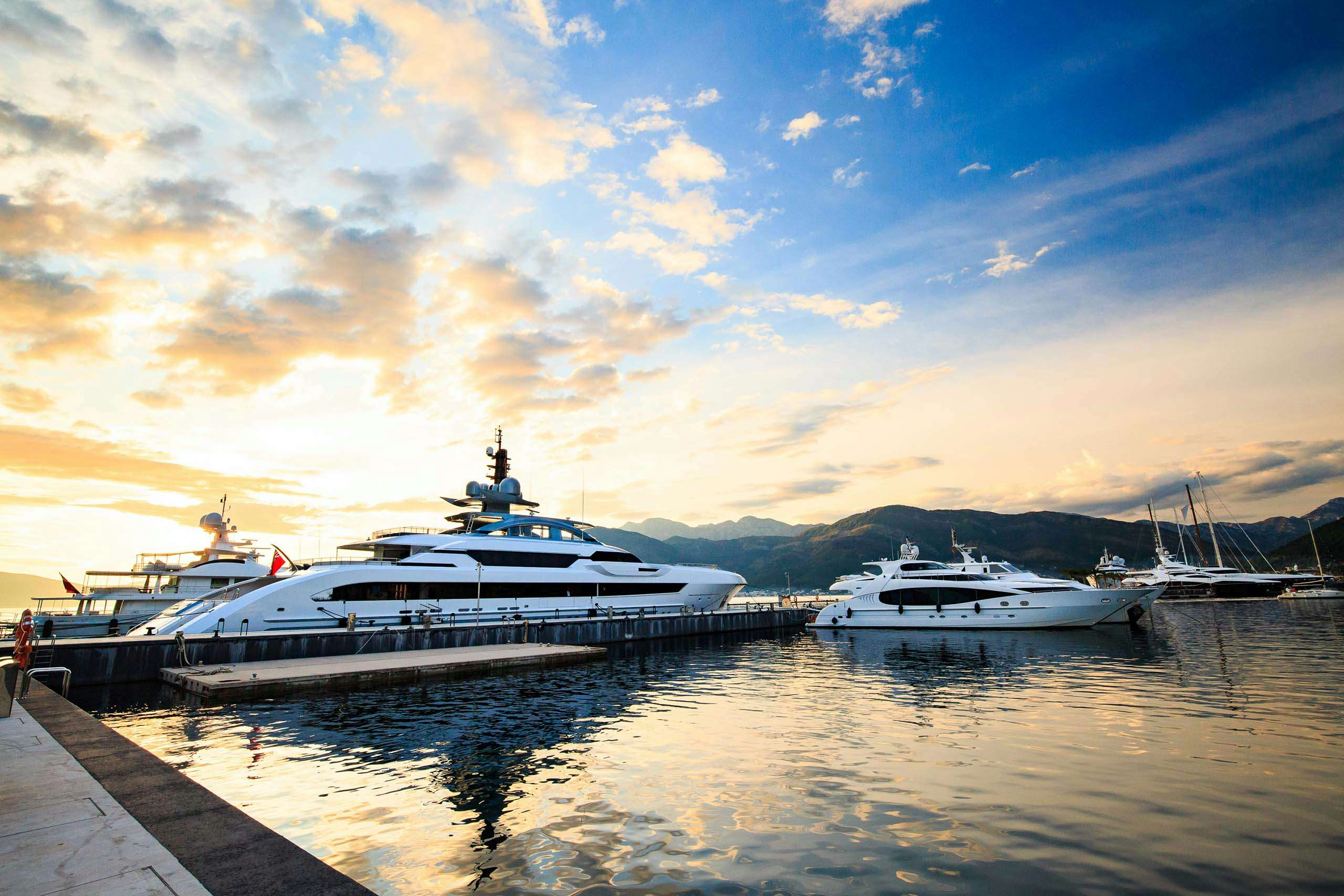 Luxury yacht marina. Port in Mediterranean sea at sunset